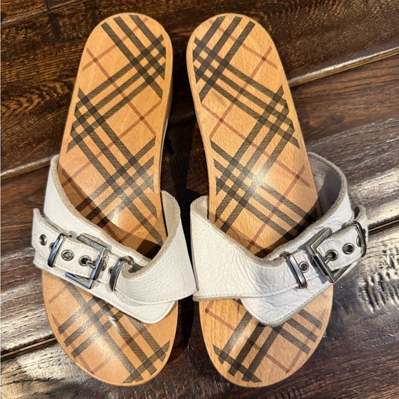 Burberry Dr. Scholls Nova check white leather wood vintage classic sandals 8 8.5 - Picture 3 of 7